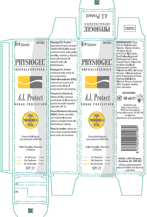 Representación del cartonaje del producto "Physiogel® A.I. Protect". Estuchado tubo 50ml