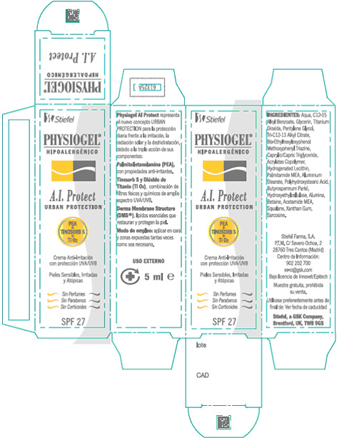 Representación del cartonaje del producto "Physiogel® A.I. Protect". Estuchado tubo 5ml