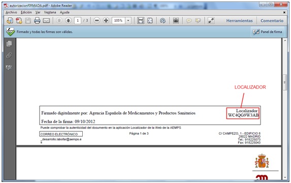 Ejemplo de documento con localizador para verificar su autenticidad