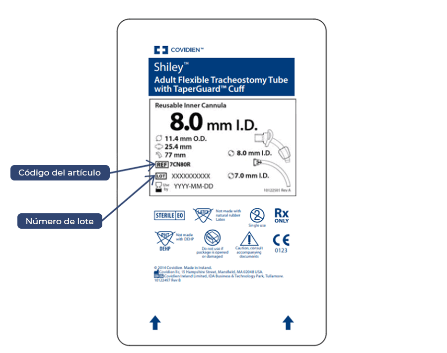 Etiquetado de la cánula para traqueostomía Shiley™ Imagen del etiquetado de la cánula para traqueostomía Shiley