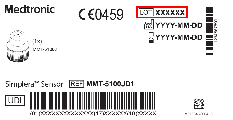 Localización del número de lote en la etiqueta de la caja del sensor Simplera Imagen de la localización del número de lote en la etiqueta de la caja del sensor Simplera