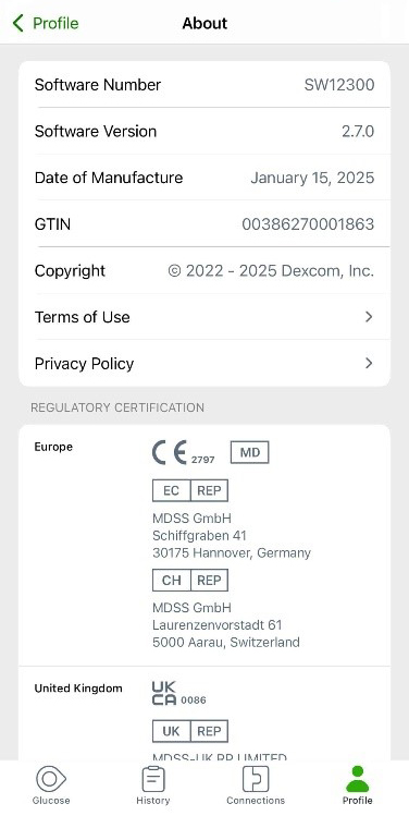 Componentes del sensor Simplera Imagen donde la aplicación Dexcom G7 iOS muestra la versión del software