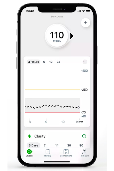 Imagen de la aplicación Dexcom G7 para iOS en un teléfono móvil