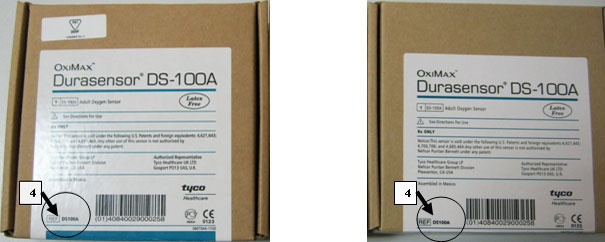 Foto izquierda, Envasado Original de Nellcor Durasensor® (DS-100A) - Foto derecha, ¡Envasado del Sensor Falsificado!