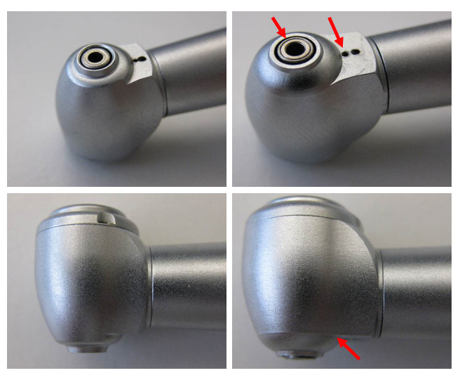 Imagen de la cabeza de la turbina dental que muestra las diferencias indicadas por el fabricante entre el producto original y la copia.