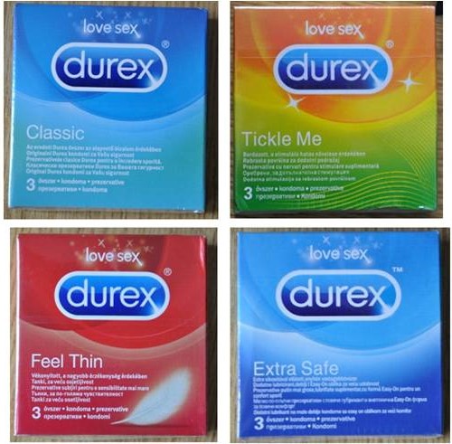 Muestras del producto falsificado, Durex Classic, Tickle Me, Feel Thin y Extra Safe.