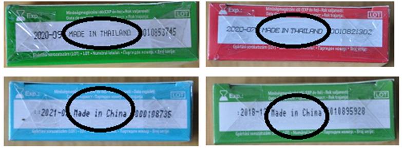 Productos falsificados donde se pueden diferenciar de los originales, la fecha de caducidad y el lote donde figura “made in Thailand” o “made in China”.