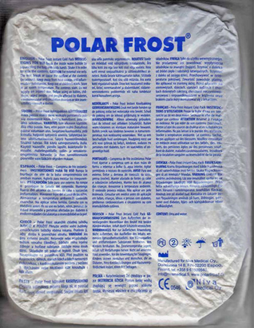 Foto del etiquetado del producto "Polar Frost Instant Cold Pack" con el marcado CE acompañado del número 0546.