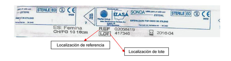 Imagen de la localizacin de la referencia y el nmro de lote en el envase unitario de las Sondas Femeninas, en las que figura como empresa distribuidora Izasa Distribuciones Tcnicas, S.A.