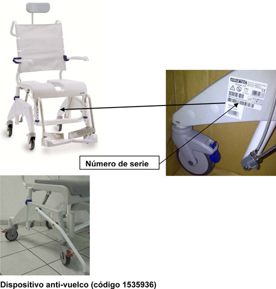 Imagen de la silla de ducha y WC mvil Aquatec Ocean VIP donde se refleja el nmero de serie y el dispositivo anti-vuelco (cdigo 1535936)