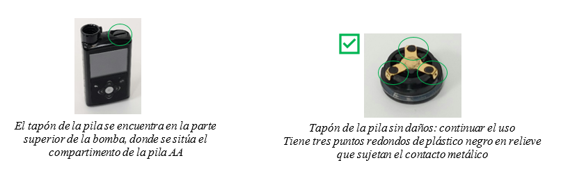 Tapón de la pila sin daños: continuar el uso. Tiene tres puntos redondos de plástico negro en relieve que sujetan el contacto metálico