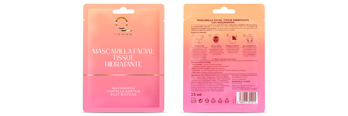 Anverso y reverso del cosmético Imaqe Mascarilla Facial Tissue Hidratante